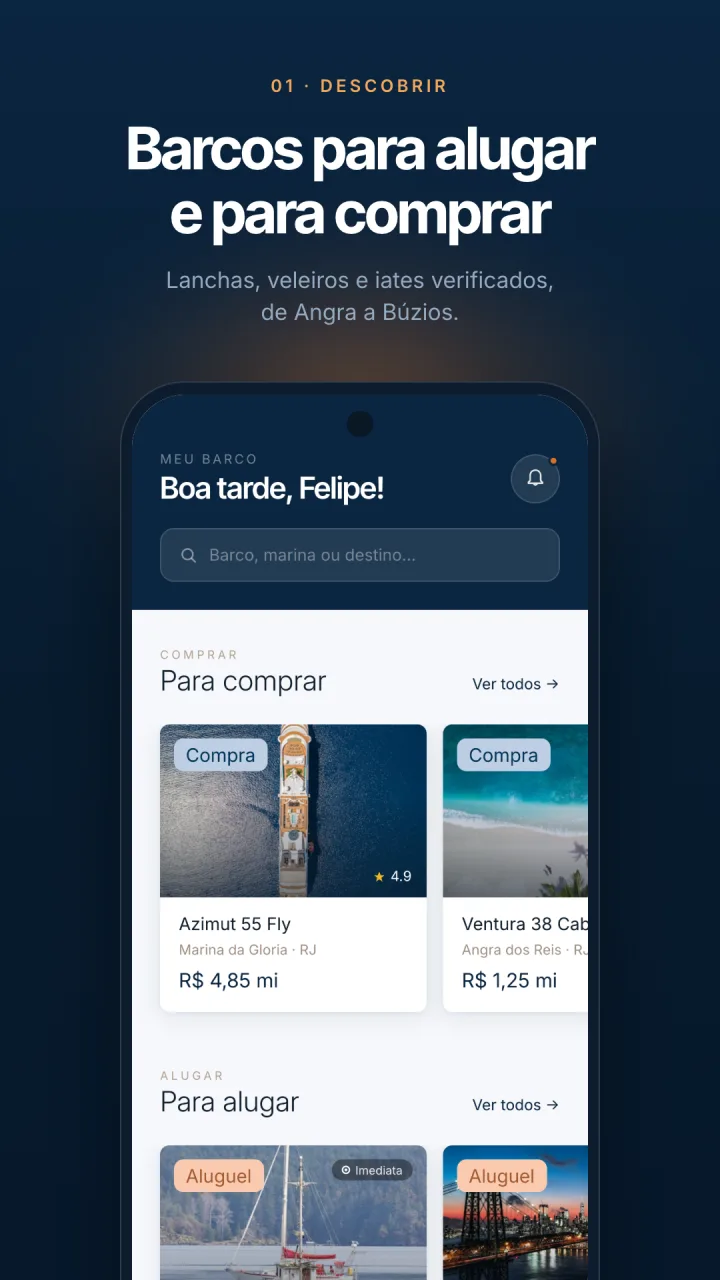 Tela inicial do aplicativo Meu Barco, para descobrir embarcações