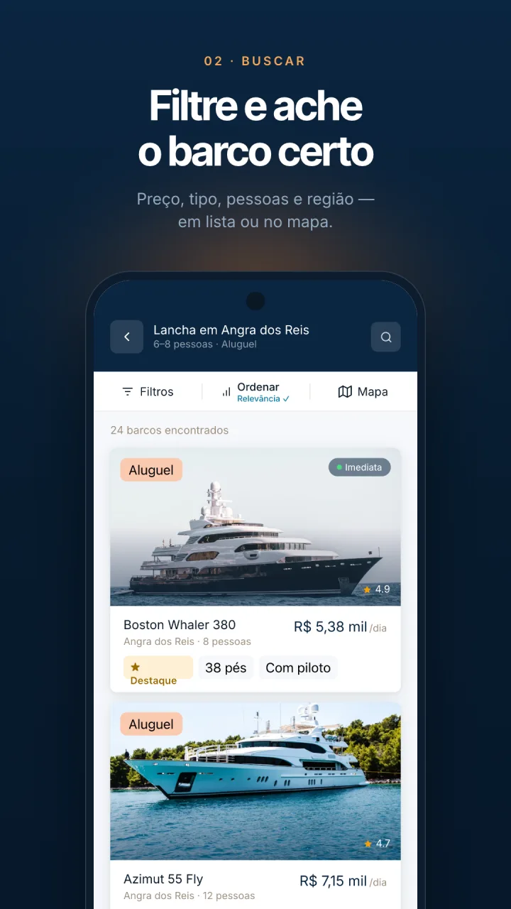 Busca e filtros de embarcações no aplicativo Meu Barco