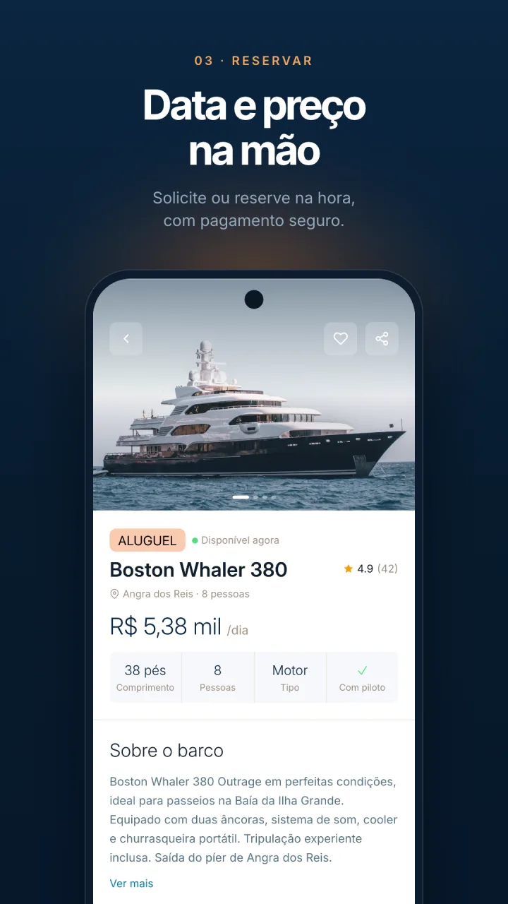 Detalhes e reserva de uma embarcação no aplicativo Meu Barco