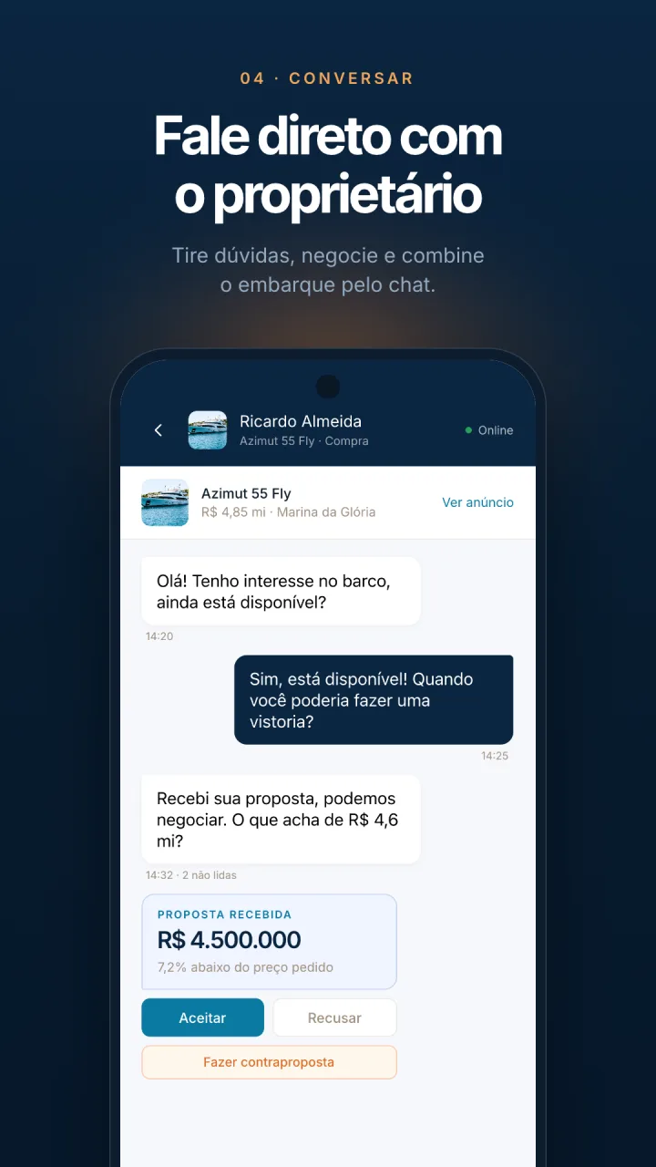 Conversa com o proprietário pelo aplicativo Meu Barco